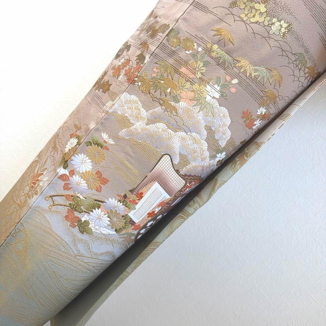 498 訪問着フルセット 正絹 一つ紋 ベージュ グレージュ 金彩 暈し染め