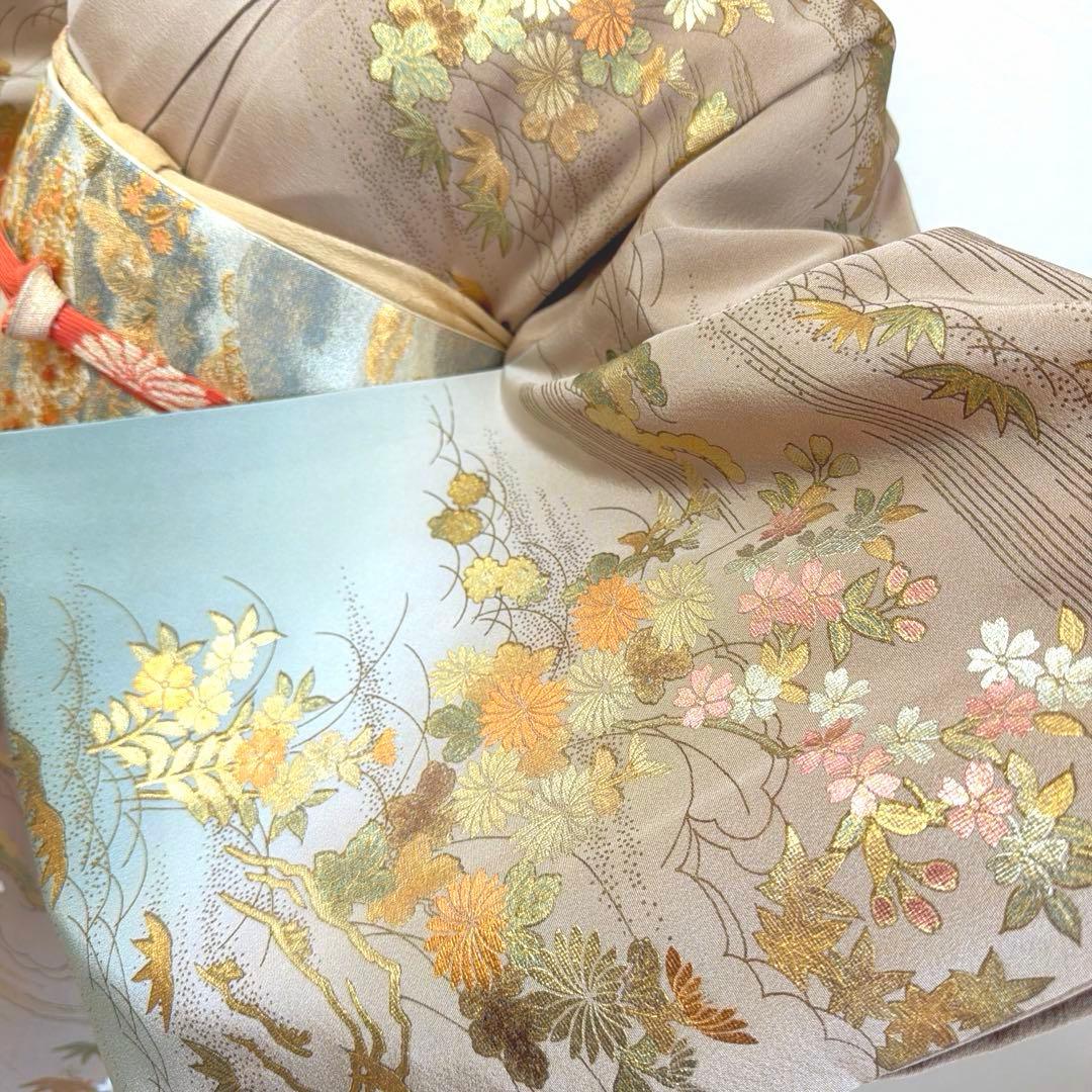 498 訪問着フルセット 正絹 一つ紋 ベージュ グレージュ 金彩 暈し染め