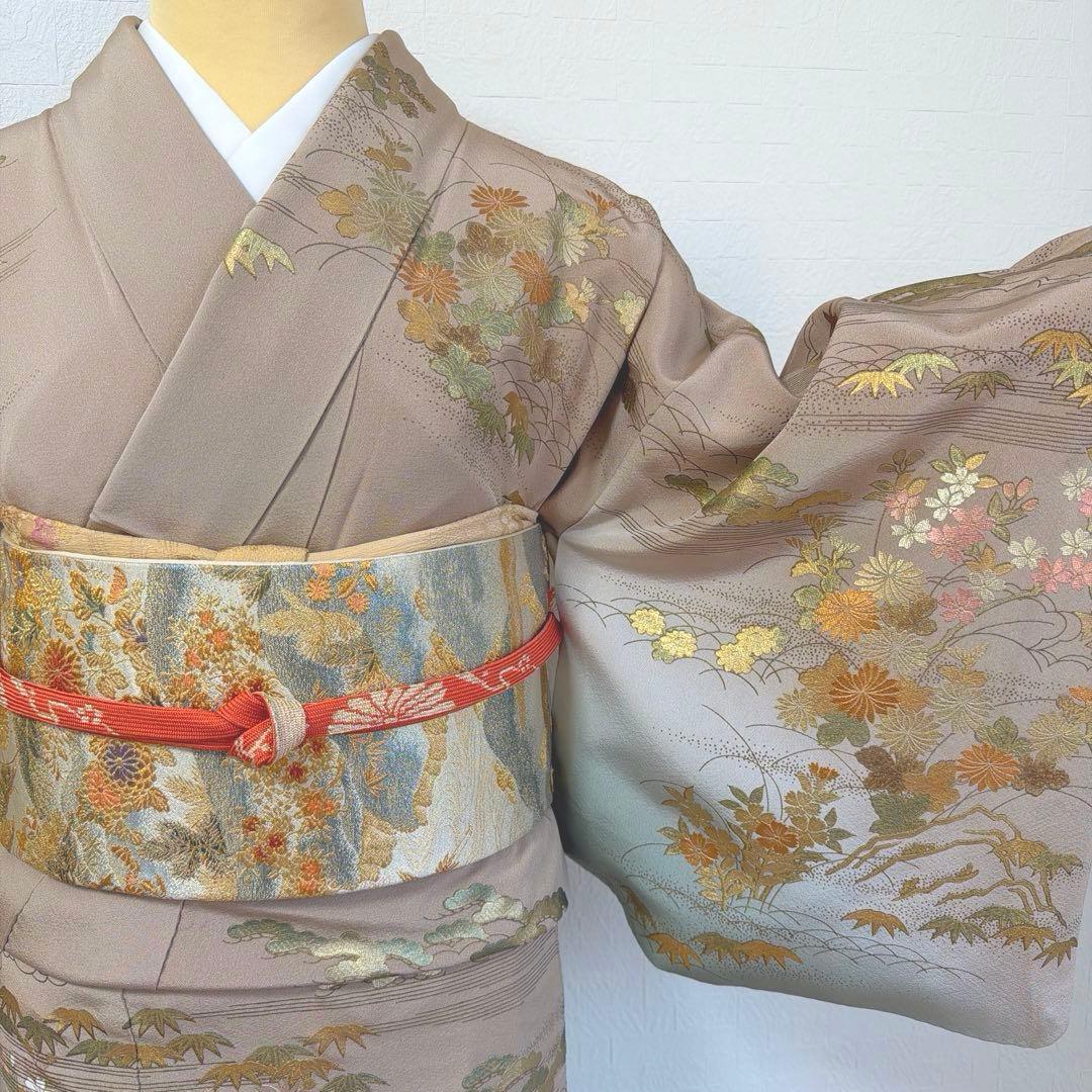 498 訪問着フルセット 正絹 一つ紋 ベージュ グレージュ 金彩 暈し染め