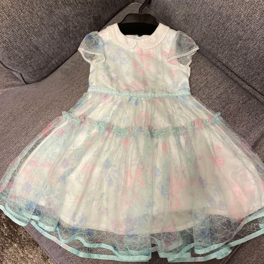 美品メゾピアノ　総レース花柄フリル付きドレス　110