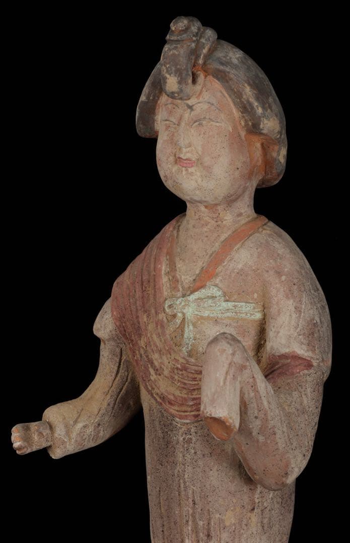 【中国古玩】加彩 婦女俑婦人 俑置物 高さ57㎝ 彩色残存 唐物 古美術 骨董品