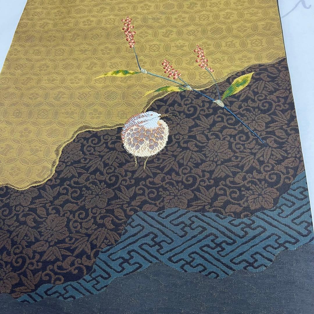 未使用　9寸名古屋帯 刺繍　うずら　吉祥文様