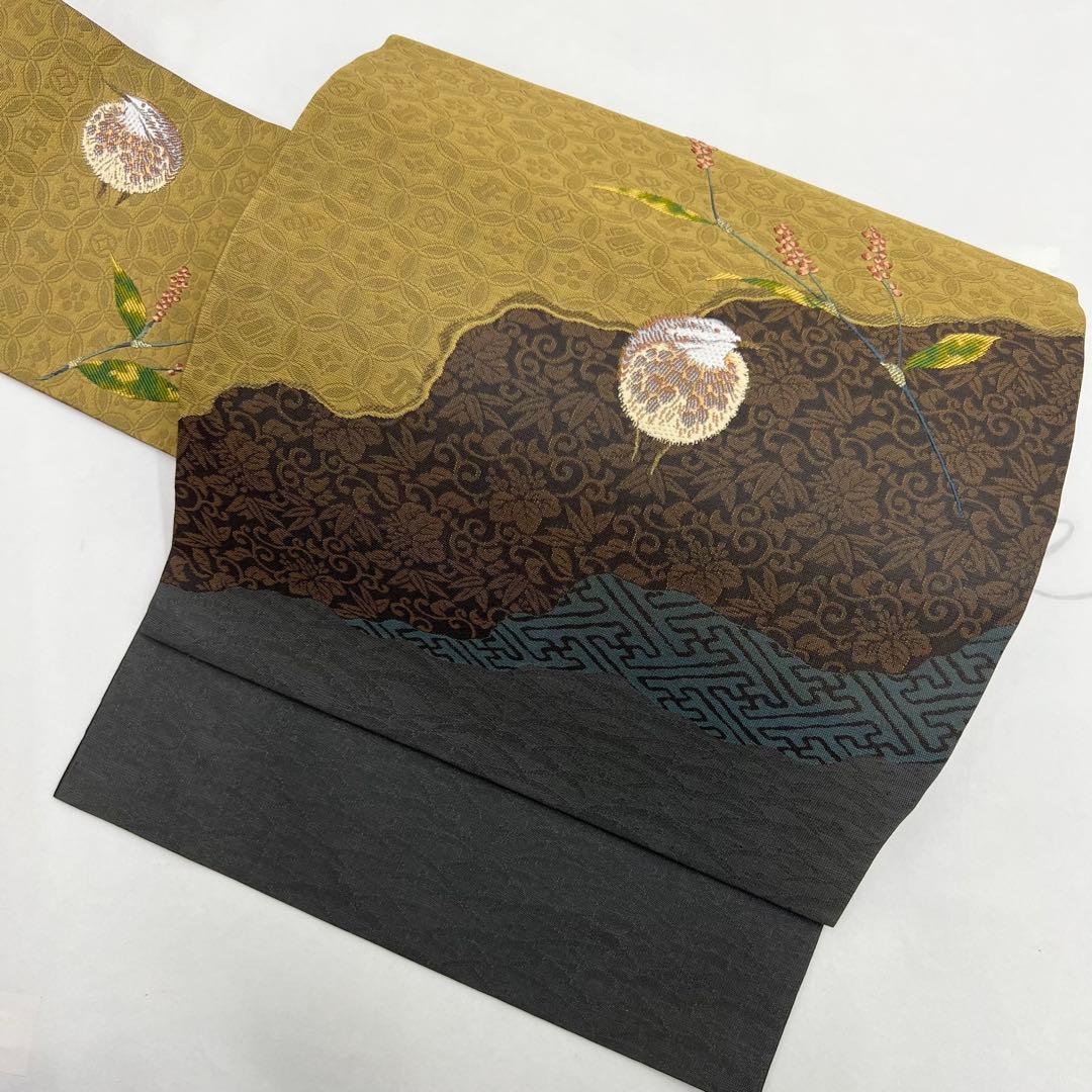 未使用　9寸名古屋帯 刺繍　うずら　吉祥文様