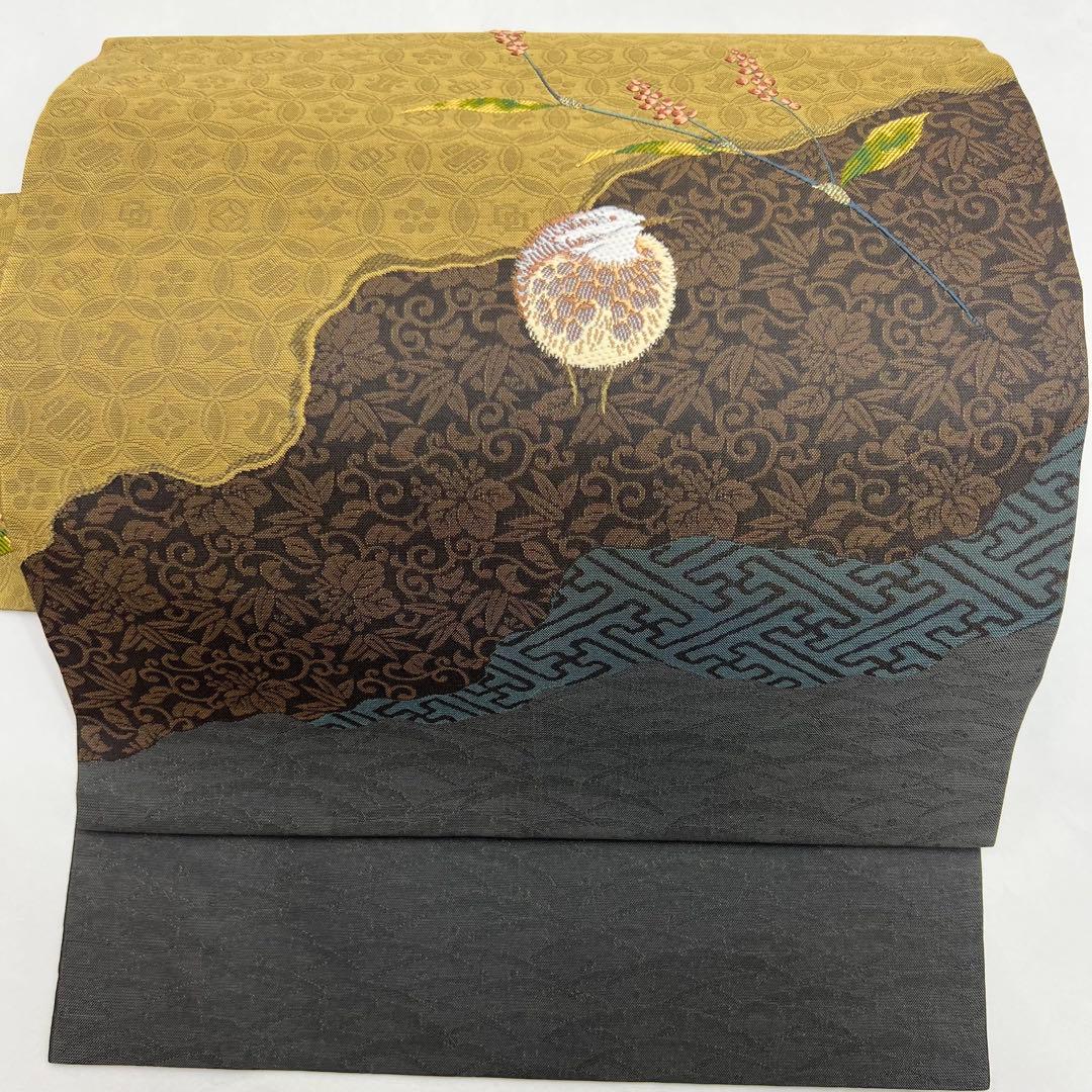 未使用　9寸名古屋帯 刺繍　うずら　吉祥文様