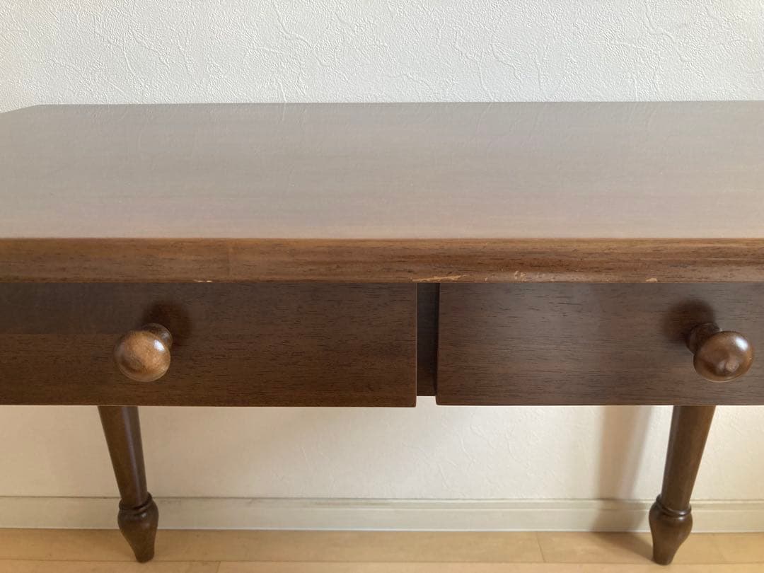 引き出し付きテーブル　デスク　天然木　ダークブラウン