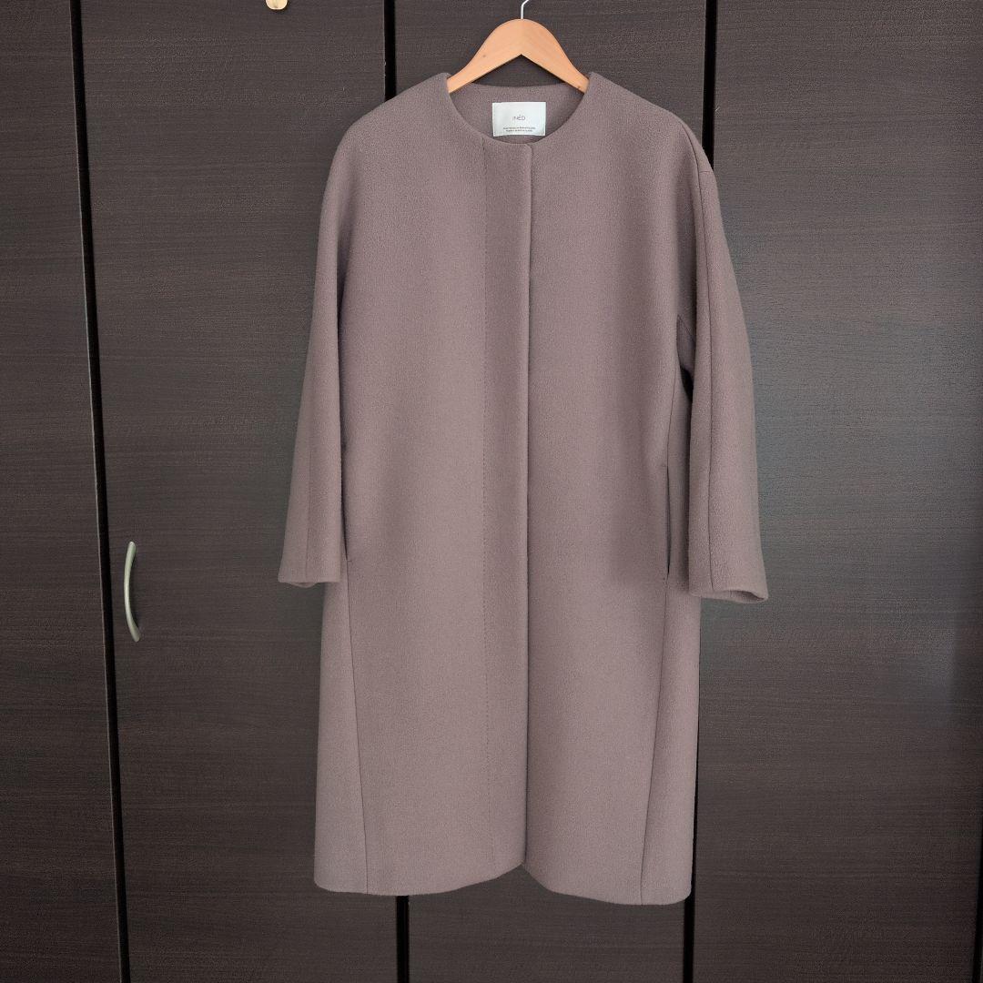 ☆INED☆イネド　ノーカラーロングコート　レディース　グレージュ