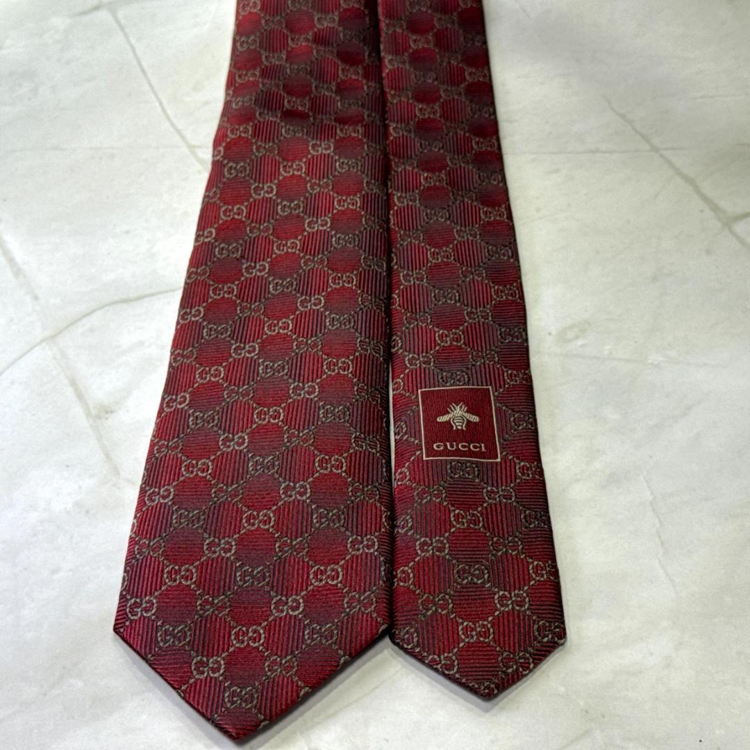 ☆即発 GUCCI GG柄 ネクタイ ボルドー 蜂 Bee シルク 伊製 美品