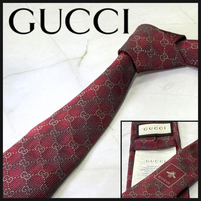☆即発 GUCCI GG柄 ネクタイ ボルドー 蜂 Bee シルク 伊製 美品