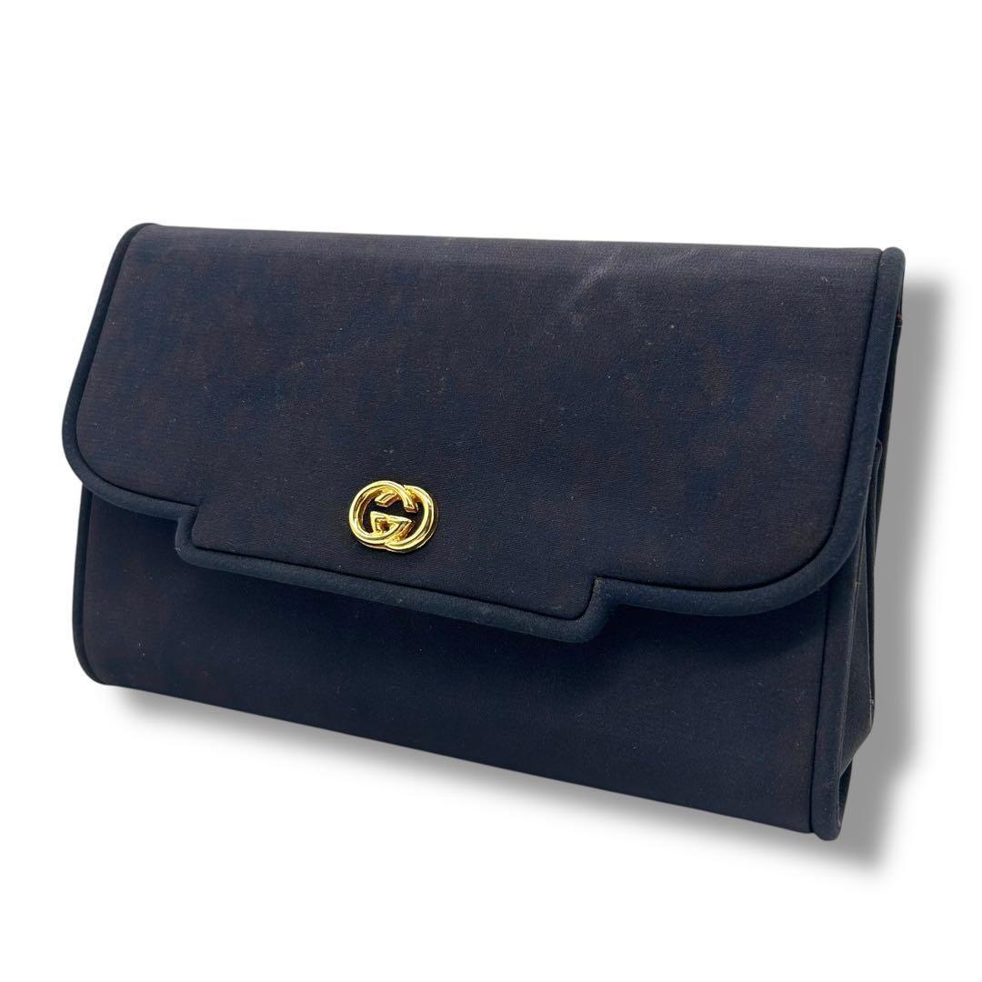 良品 778 グッチ クラッチバッグ インターロック ナイロン ネイビー