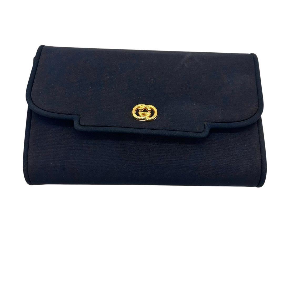 良品 778 グッチ クラッチバッグ インターロック ナイロン ネイビー