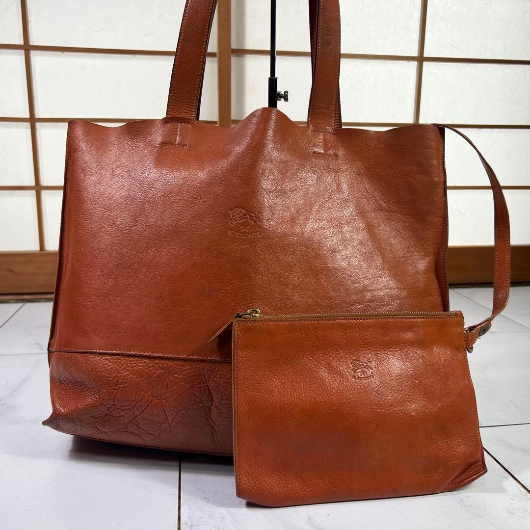 イルビゾンテ トートバッグ ポーチ付き レザー ヤキヌメ ブラウン A4