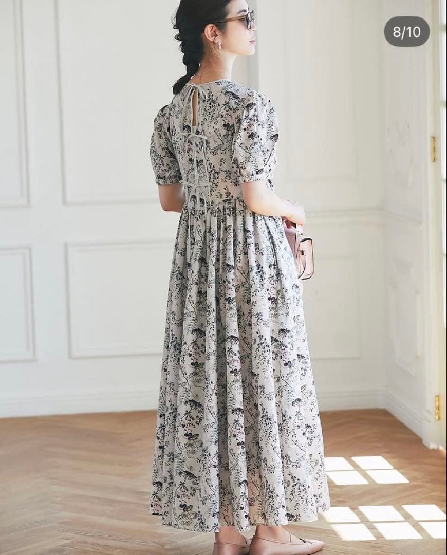 Seventenセブンテン【木の実柄プリントマキシワンピース/グレー】