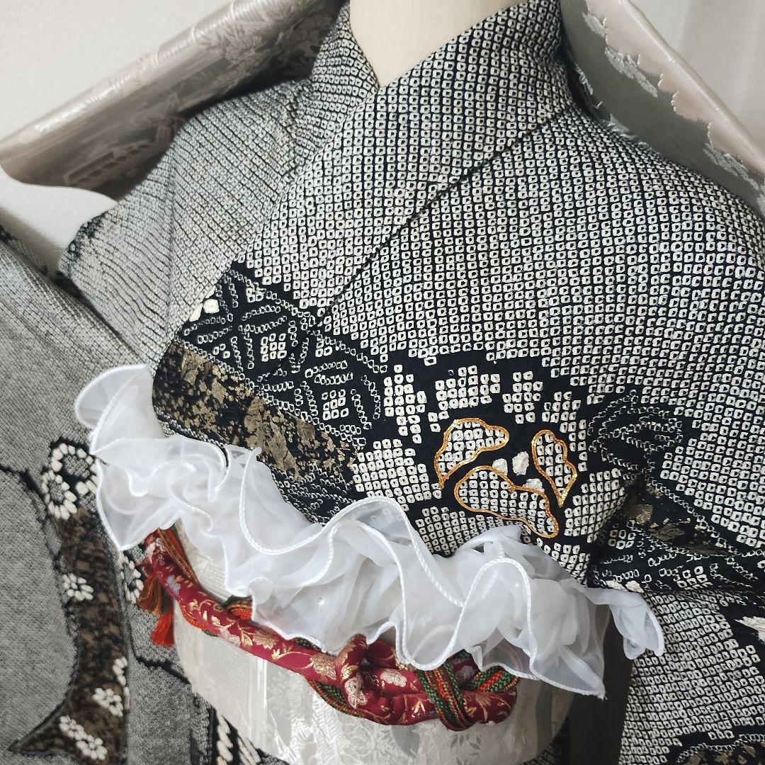 さっちー　成人式正絹振袖フルセットやまと誂製 総絞り 白黒 金彩 金駒刺繍