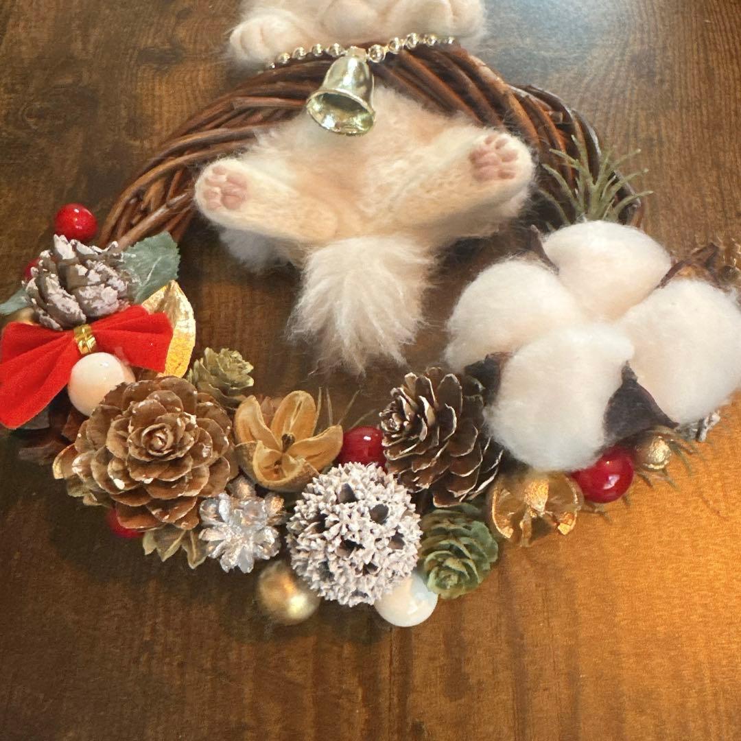 羊毛フェルト 猫 白猫リース