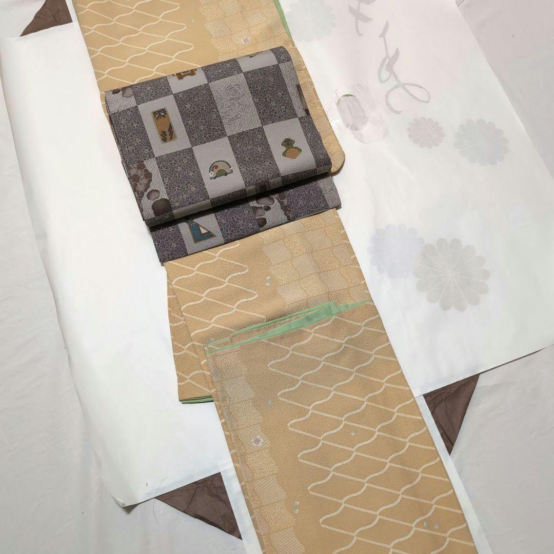 新品 未使用 正絹 9寸 名古屋帯 袋名古屋帯 玩具 干支 花唐草 格子 茶灰系