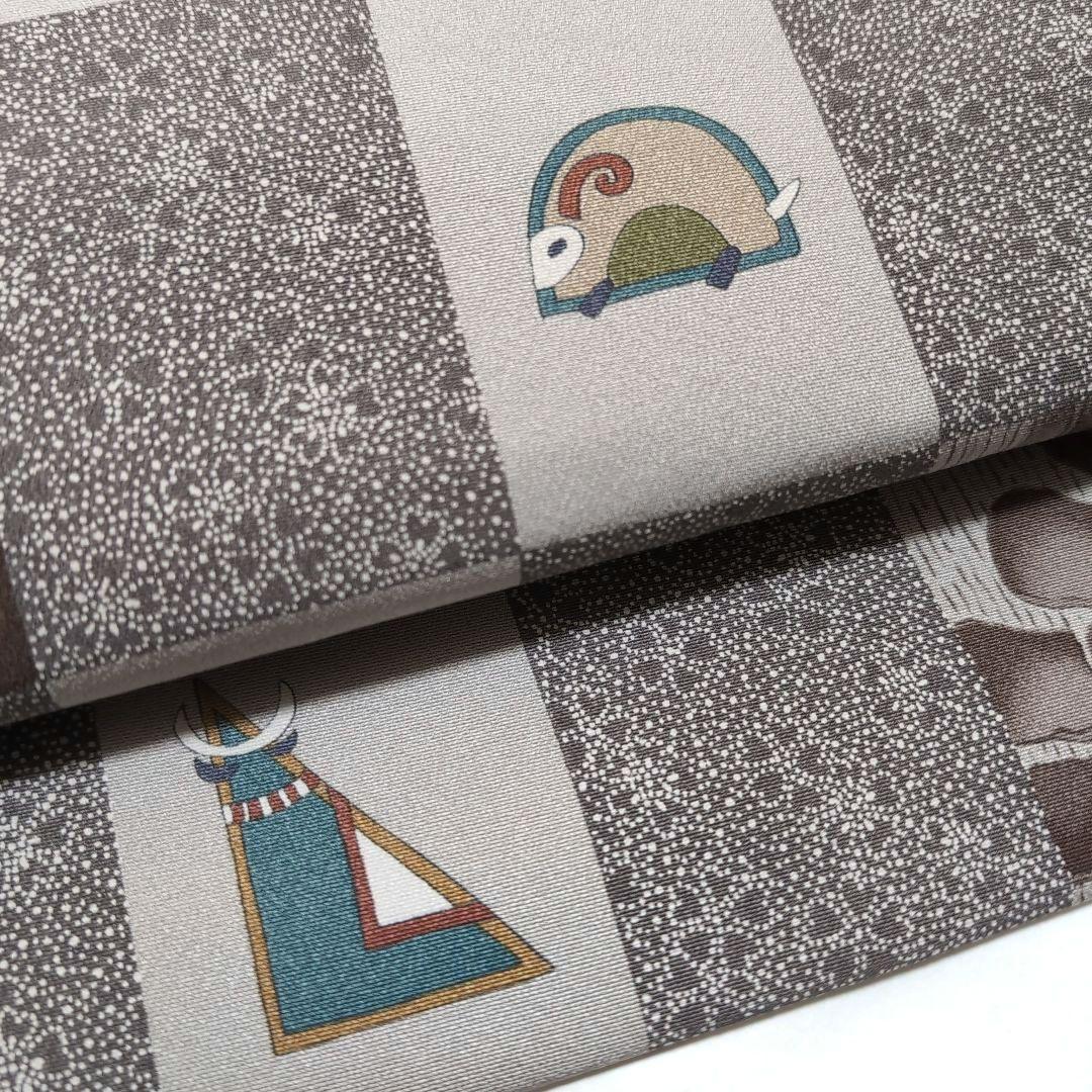 新品 未使用 正絹 9寸 名古屋帯 袋名古屋帯 玩具 干支 花唐草 格子 茶灰系