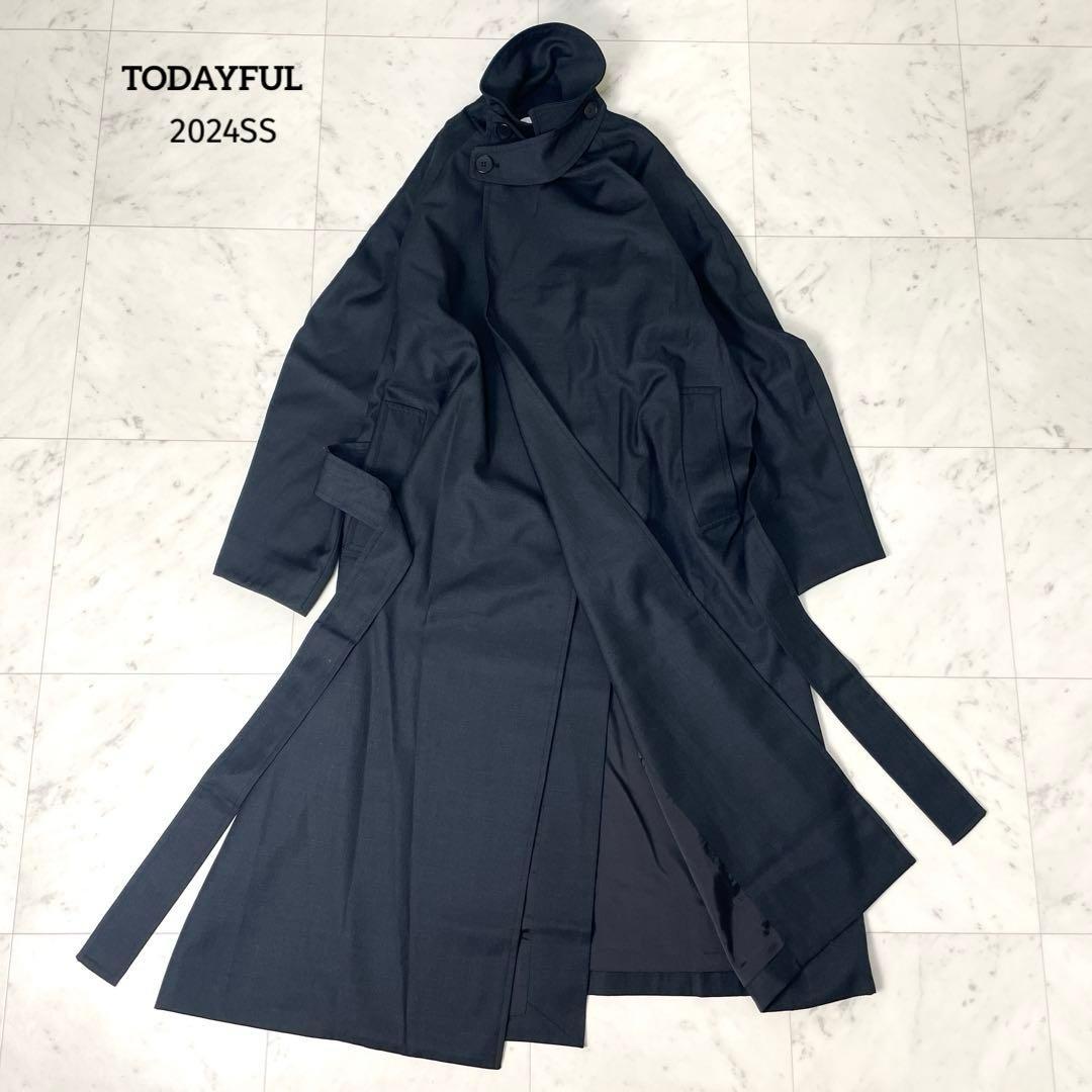 【未使用級】トゥデイフル 24SS ツイルトレンチコート 36 ネイビー
