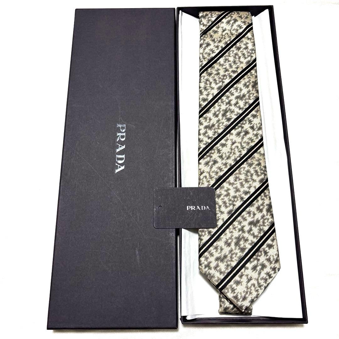 新品　PRADA プラダ　ネクタイ　豹柄　ストライプ　肉厚　箱付