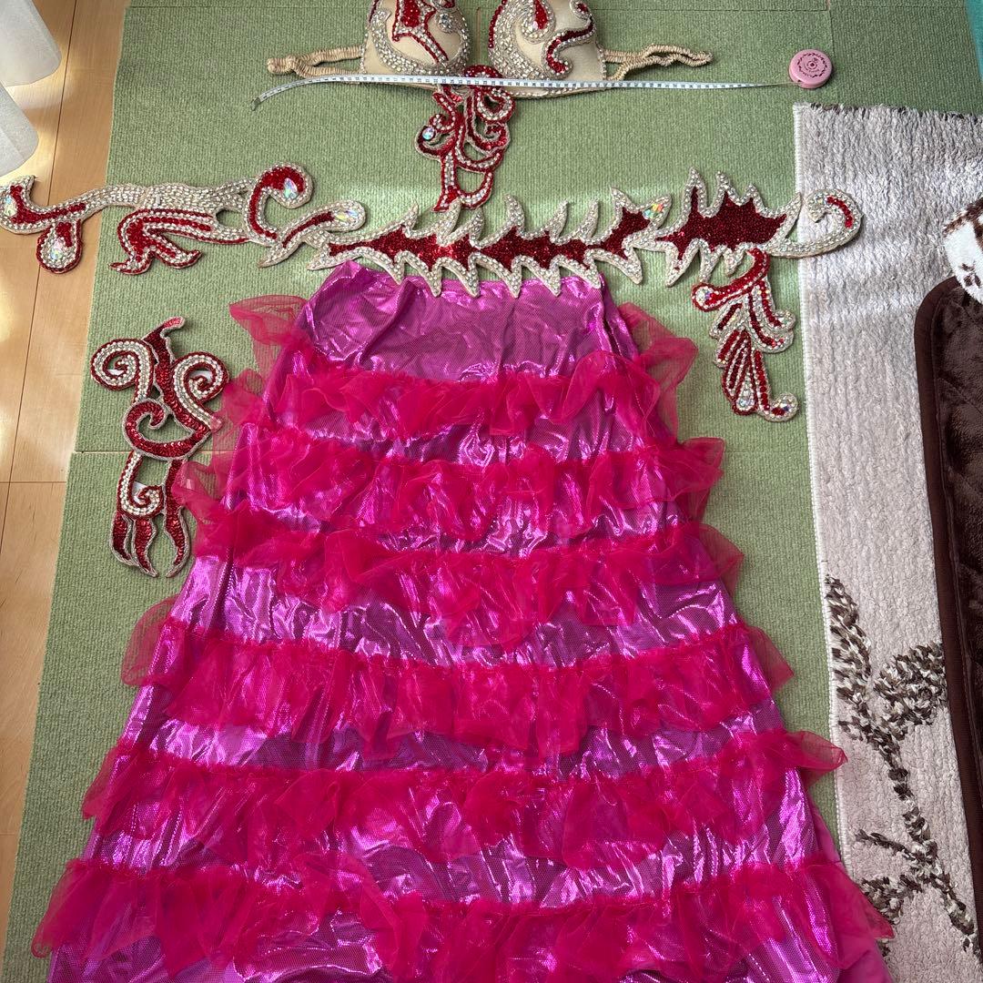 ベリーダンス セットアップ ピンク フリル、ブラとベルト、脚の飾り