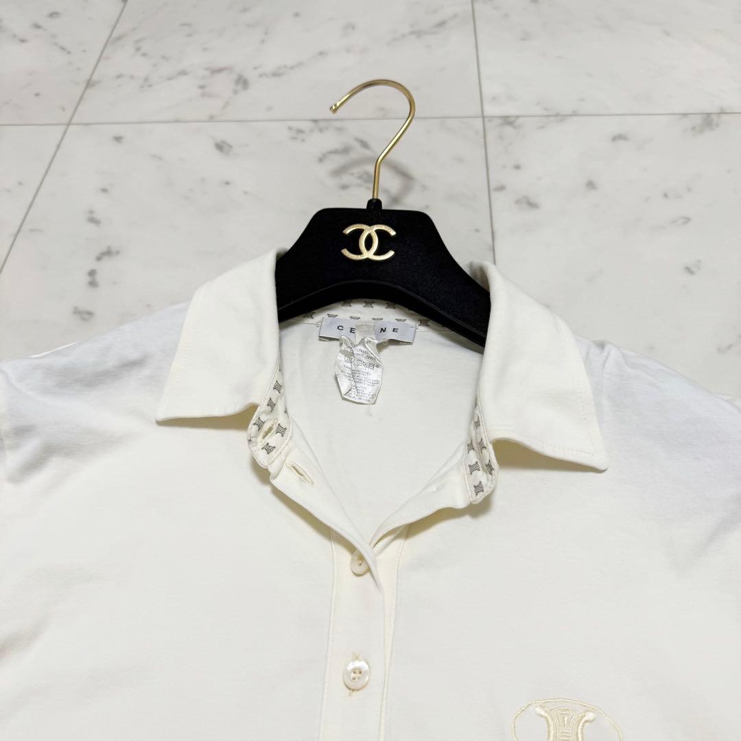 美品❤️セリーヌ　半袖　ポロシャツ　トリオンフ　刺繍　ホワイト　L マカダム柄