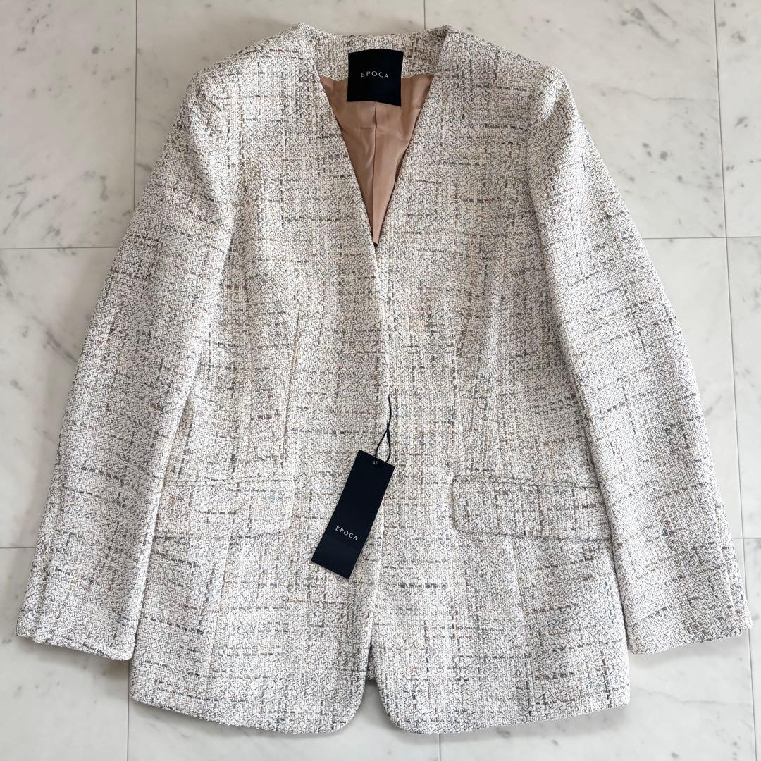 【新品タグ付き】エポカ コットン ツイード ノーカラージャケット 38 三陽商会