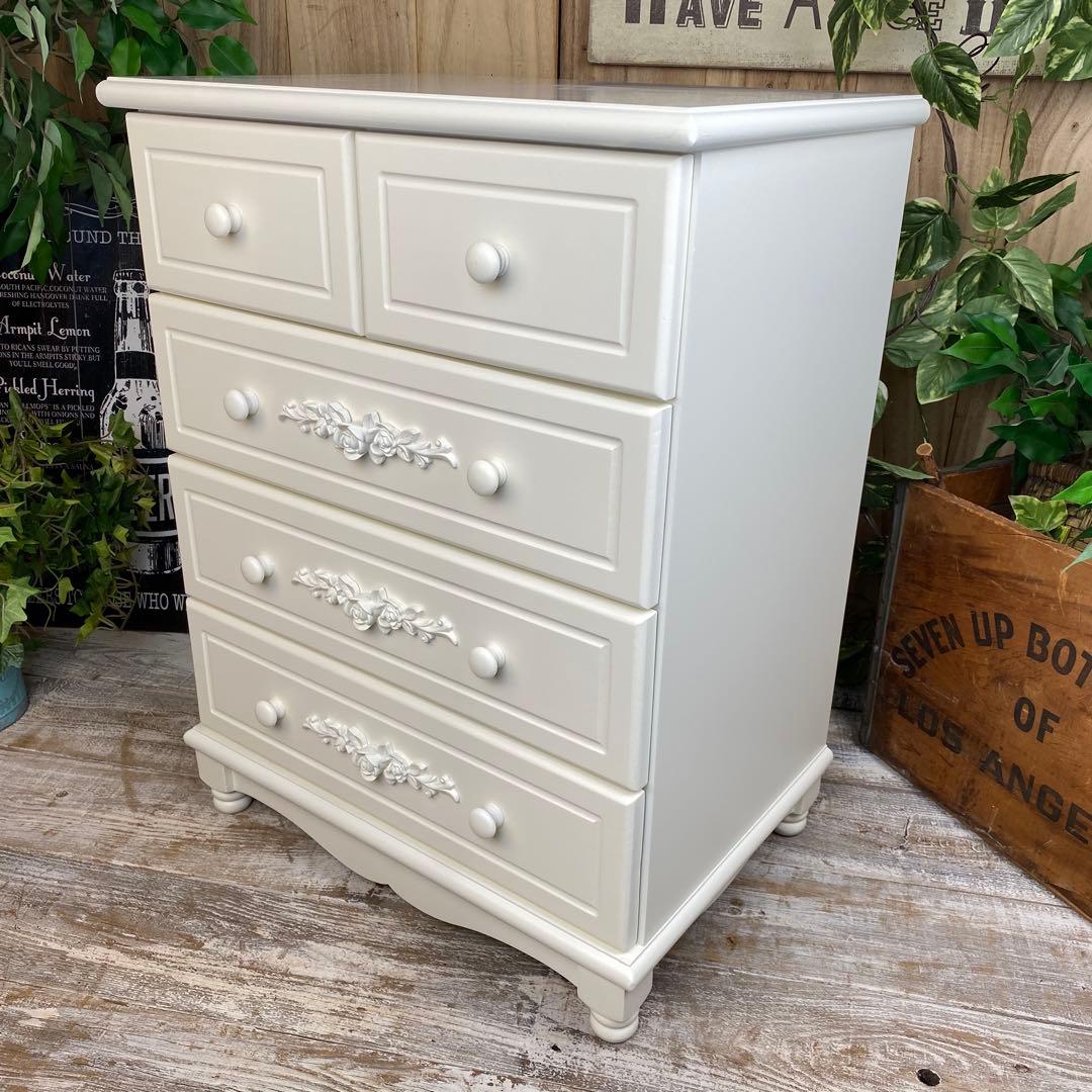 ピン1号⭐︎フレンチカントリー北欧調ホワイトチェスト四段五つ引き木製収納