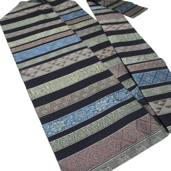 名古屋帯 九寸 京都 西陣 全通織 黒 濃赤紫 花唐草 横段 中古 kp2018