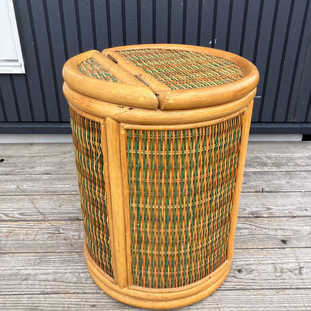 昭和レトロ ラタン 円筒形フタ付きごみ箱 円形スツール ラタンスツール 丸椅子