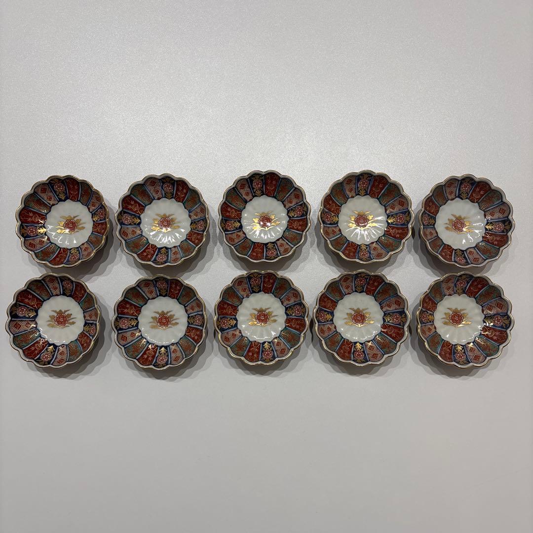 【美品】林九郎作 有田焼 色絵金彩 花文 醤油皿（小皿）10枚揃
