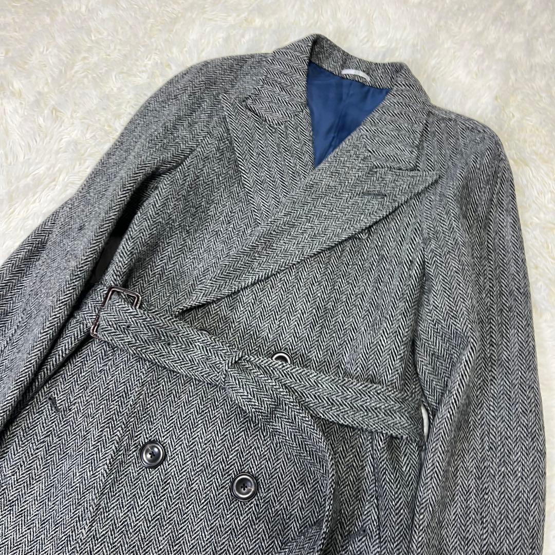 スーツセレクト×ハリスツイード ヘリンボーン 銀 ウールダブルトレンチコート