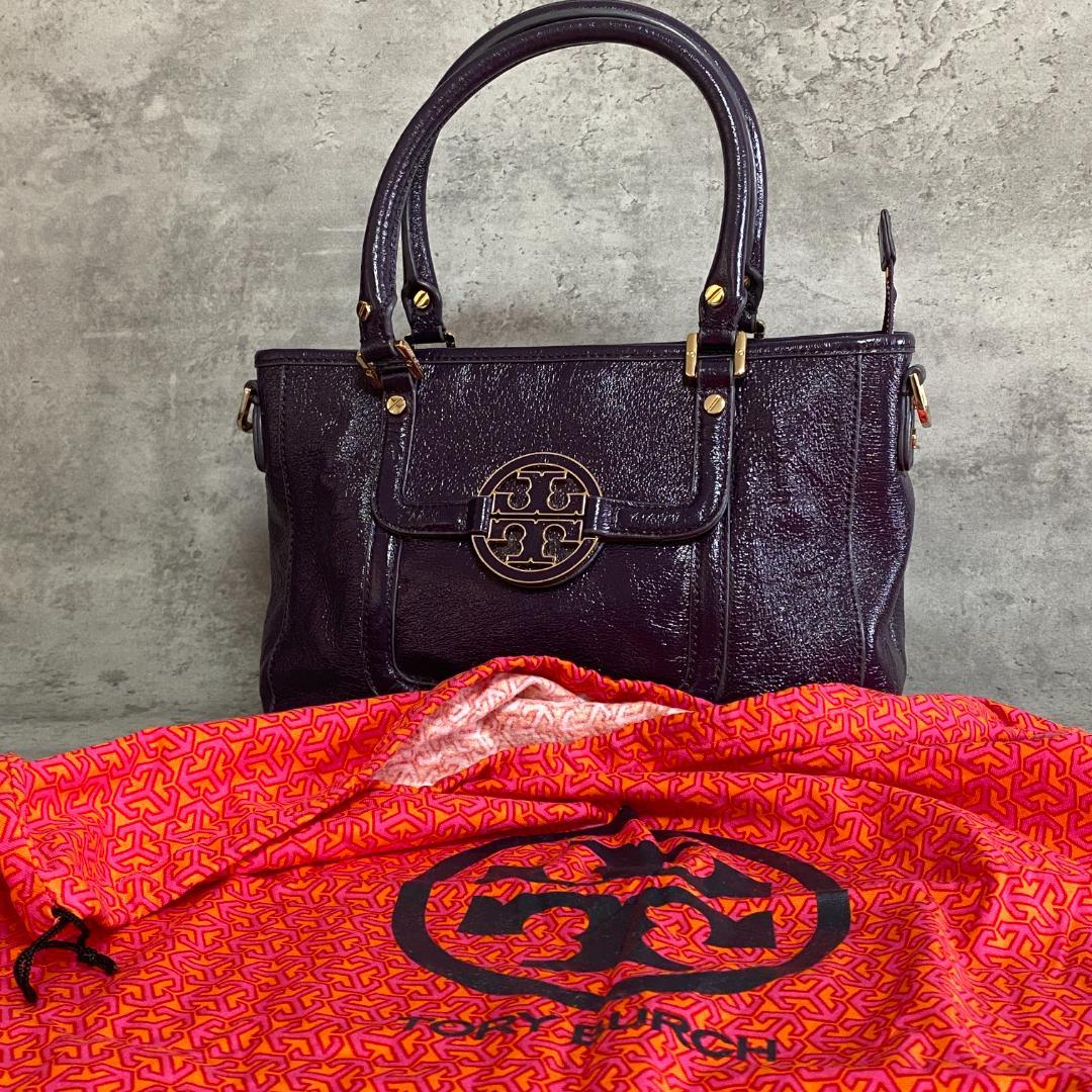 ✨極美品✨トリーバーチ アマンダ ハンドバッグ エナメル 紫 デカロゴ 希少色