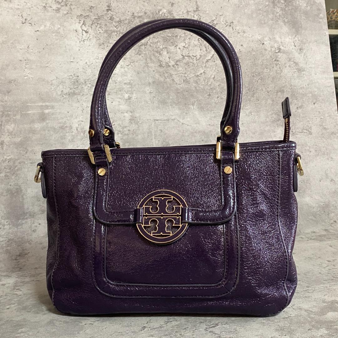 ✨極美品✨トリーバーチ アマンダ ハンドバッグ エナメル 紫 デカロゴ 希少色