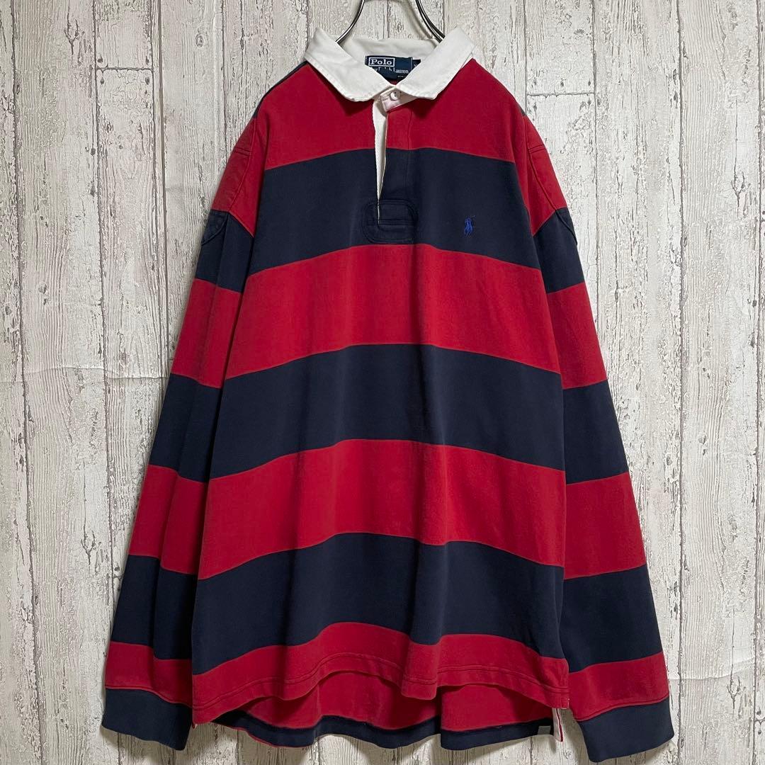 【人気デザイン】 ラルフローレン ラガーシャツ XL レッド ネイビー 太ピッチ