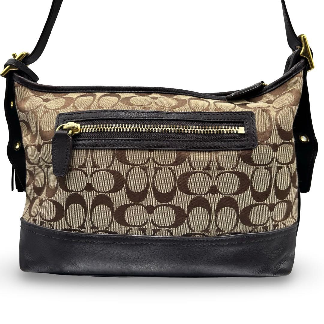 【美品】コーチ　ショルダーバッグ　シグネチャー　レザー　キャンバス　フリンジ