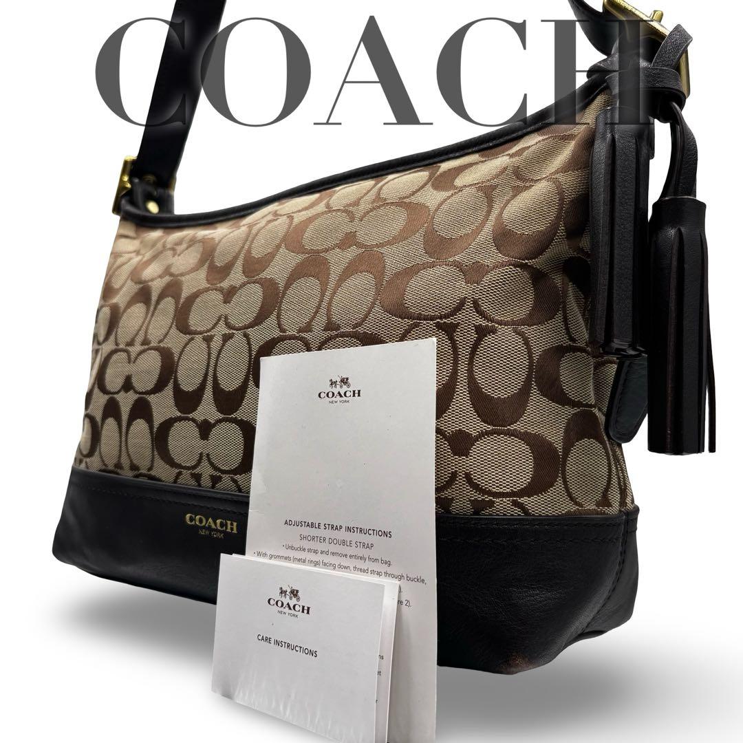 【美品】コーチ　ショルダーバッグ　シグネチャー　レザー　キャンバス　フリンジ