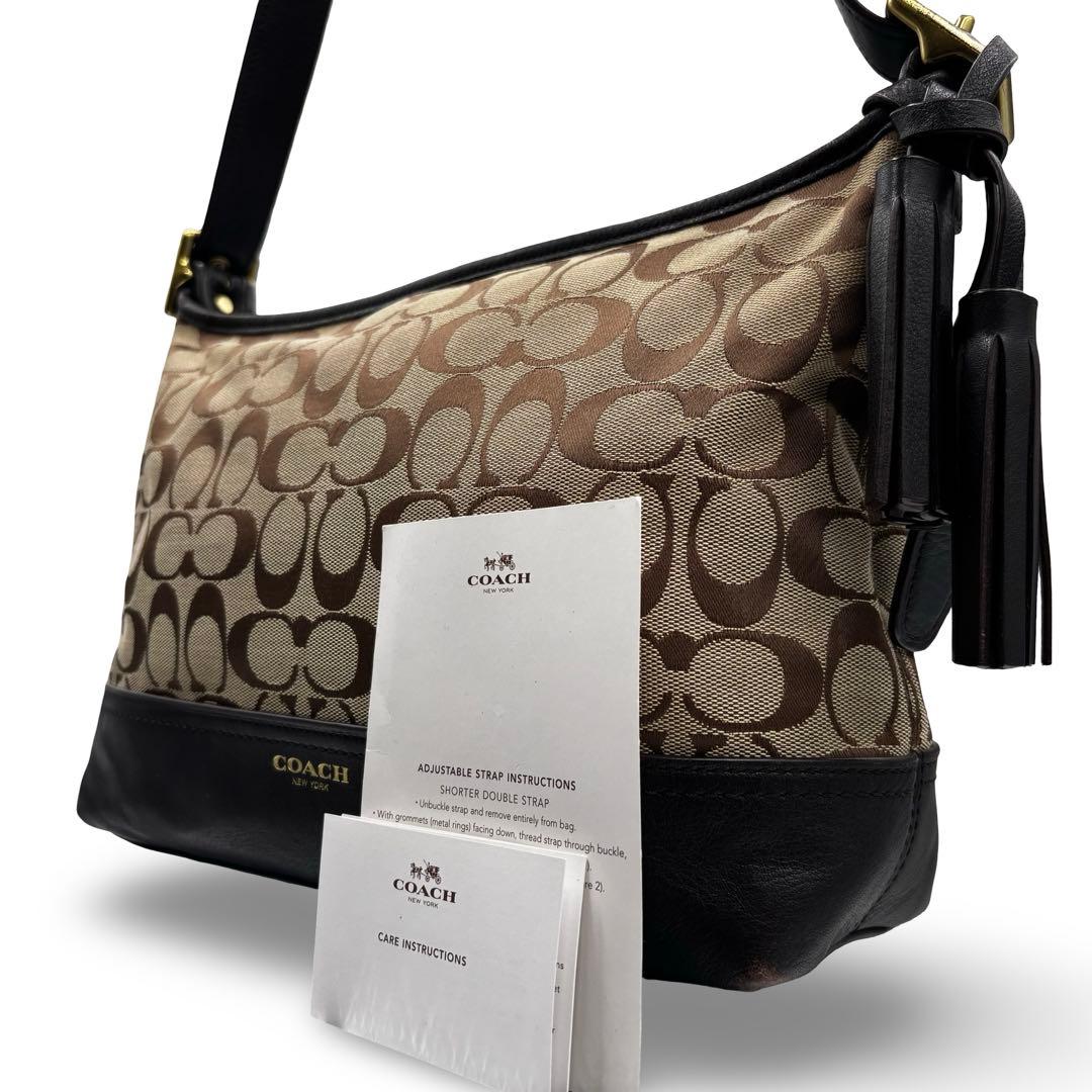 【美品】コーチ　ショルダーバッグ　シグネチャー　レザー　キャンバス　フリンジ