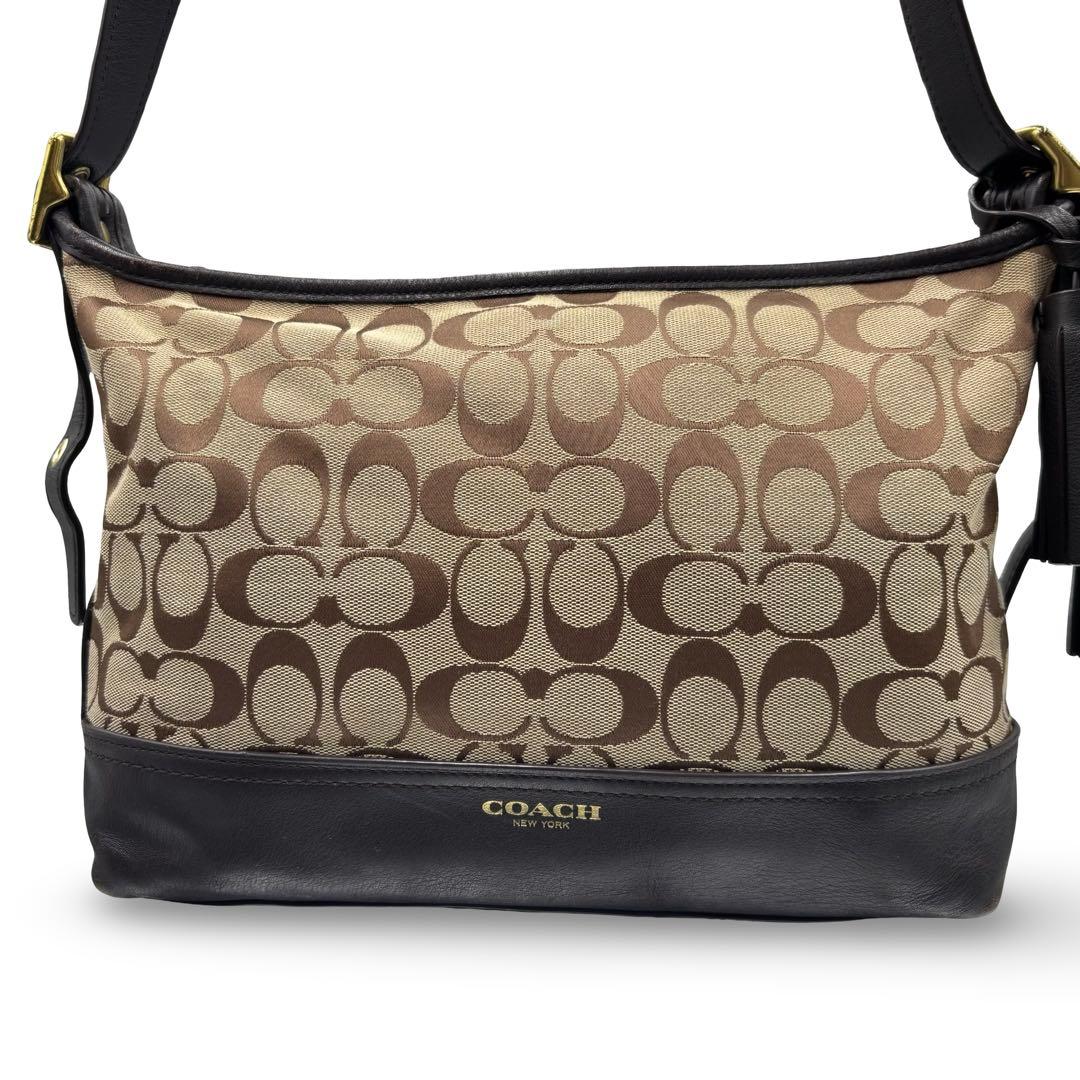 【美品】コーチ　ショルダーバッグ　シグネチャー　レザー　キャンバス　フリンジ