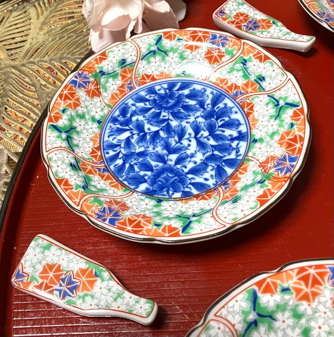 お正月　翔山窯　羽子板皿　小皿　羽子板箸置き　お椀　醤油差し　両面　半月盆付き