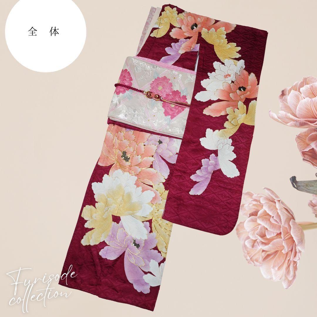 振袖フルセット　ワインレッド／大柄牡丹　成人式