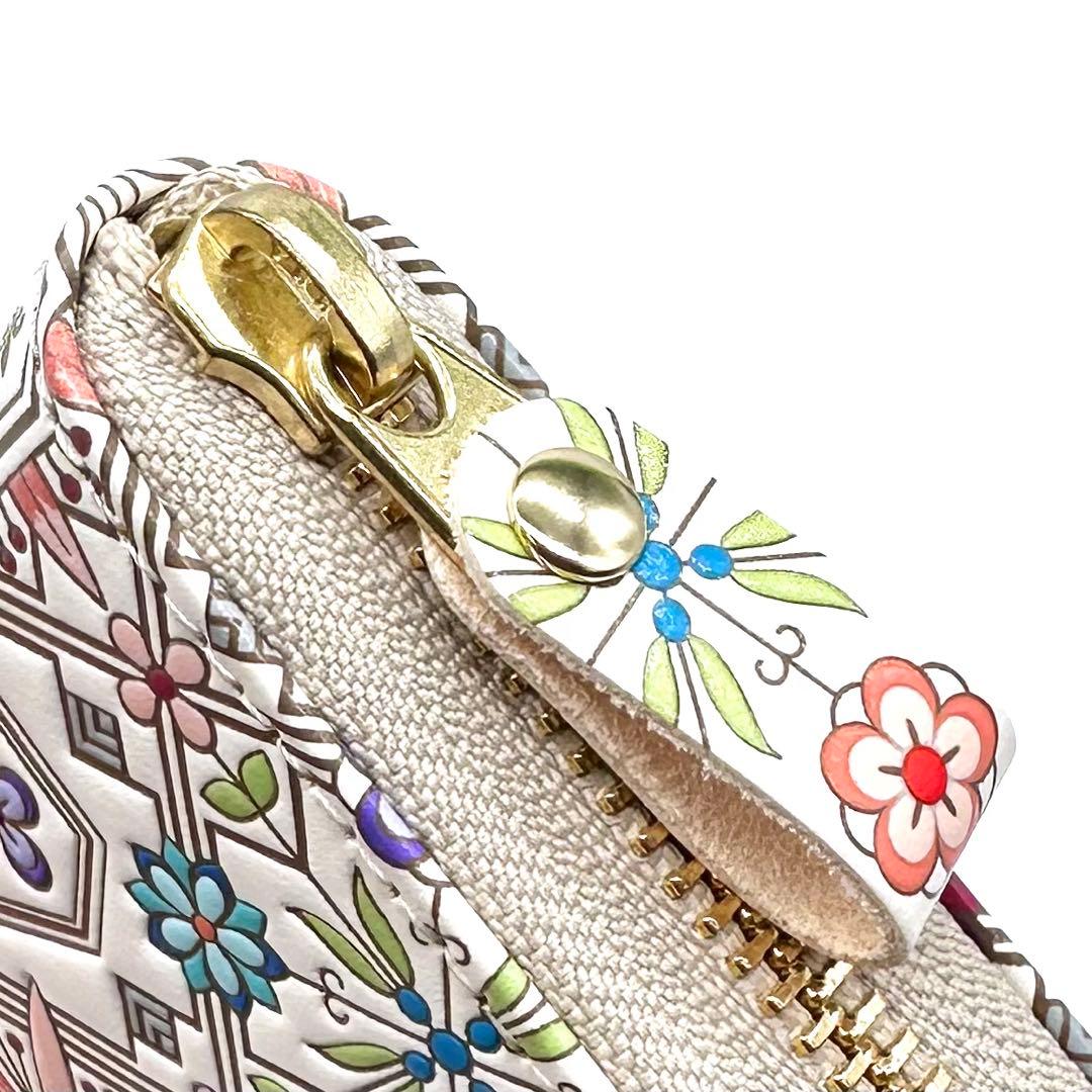 未使用✨浅草文庫 友禅染 花菱 ラウンドジップ 長財布 ピンク 型押しレザー