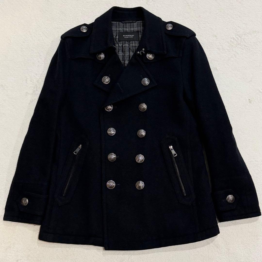 バーバリーブラックレーベル　ナポレオンジャケット　チェック　銀ボタン　黒　L