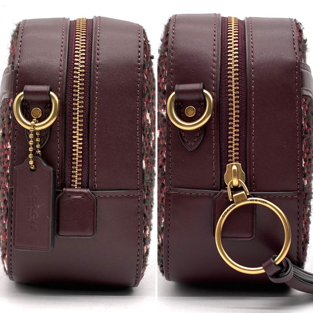 未使用に近い コーチ ショルダーバッグ ラメ ツイード レザー ロゴ ボルドー