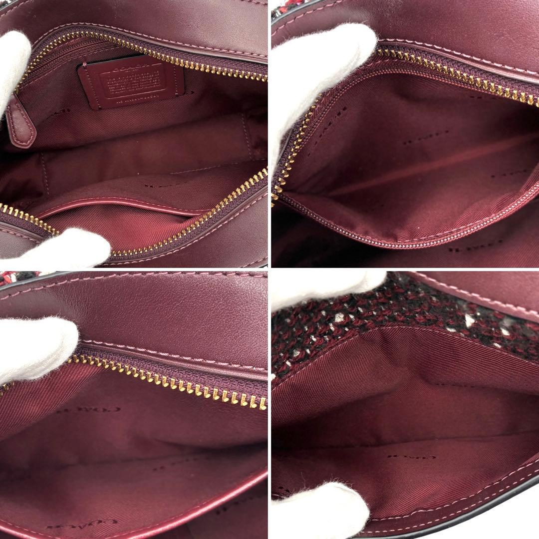 未使用に近い コーチ ショルダーバッグ ラメ ツイード レザー ロゴ ボルドー