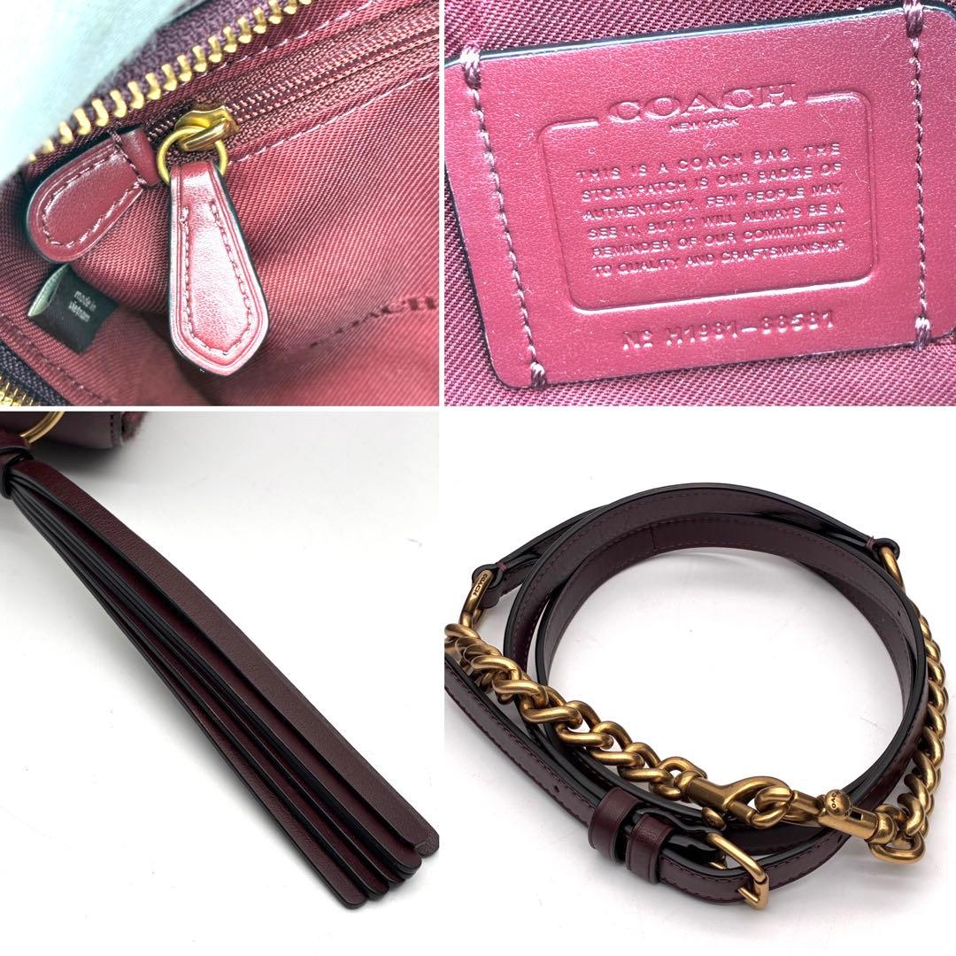 未使用に近い コーチ ショルダーバッグ ラメ ツイード レザー ロゴ ボルドー