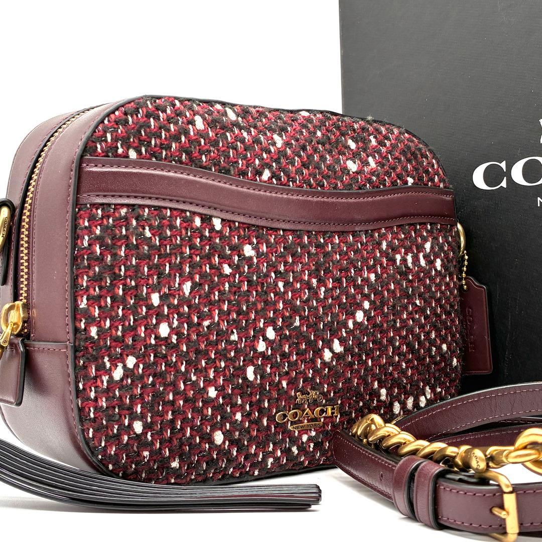 未使用に近い コーチ ショルダーバッグ ラメ ツイード レザー ロゴ ボルドー