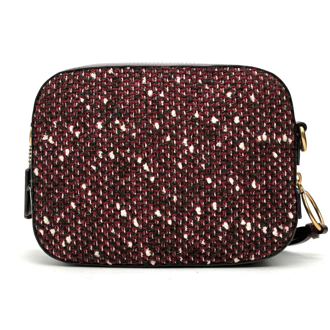 未使用に近い コーチ ショルダーバッグ ラメ ツイード レザー ロゴ ボルドー