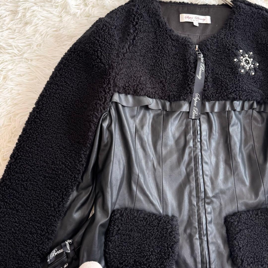 mimi様スーパービューティー ボア×フェイクレザー ビジュー ジャケット 44