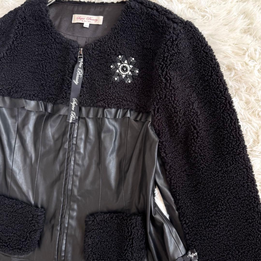 mimi様スーパービューティー ボア×フェイクレザー ビジュー ジャケット 44