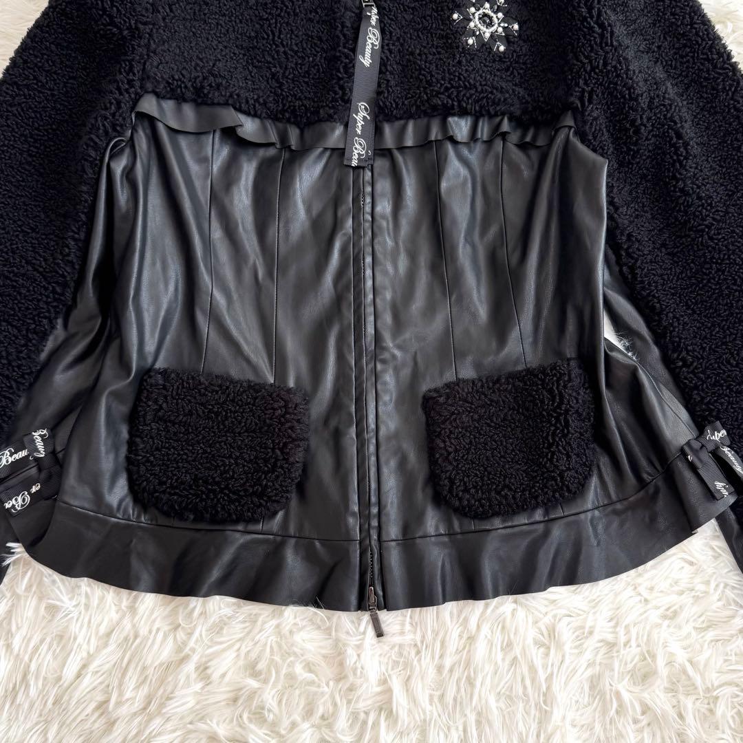 mimi様スーパービューティー ボア×フェイクレザー ビジュー ジャケット 44