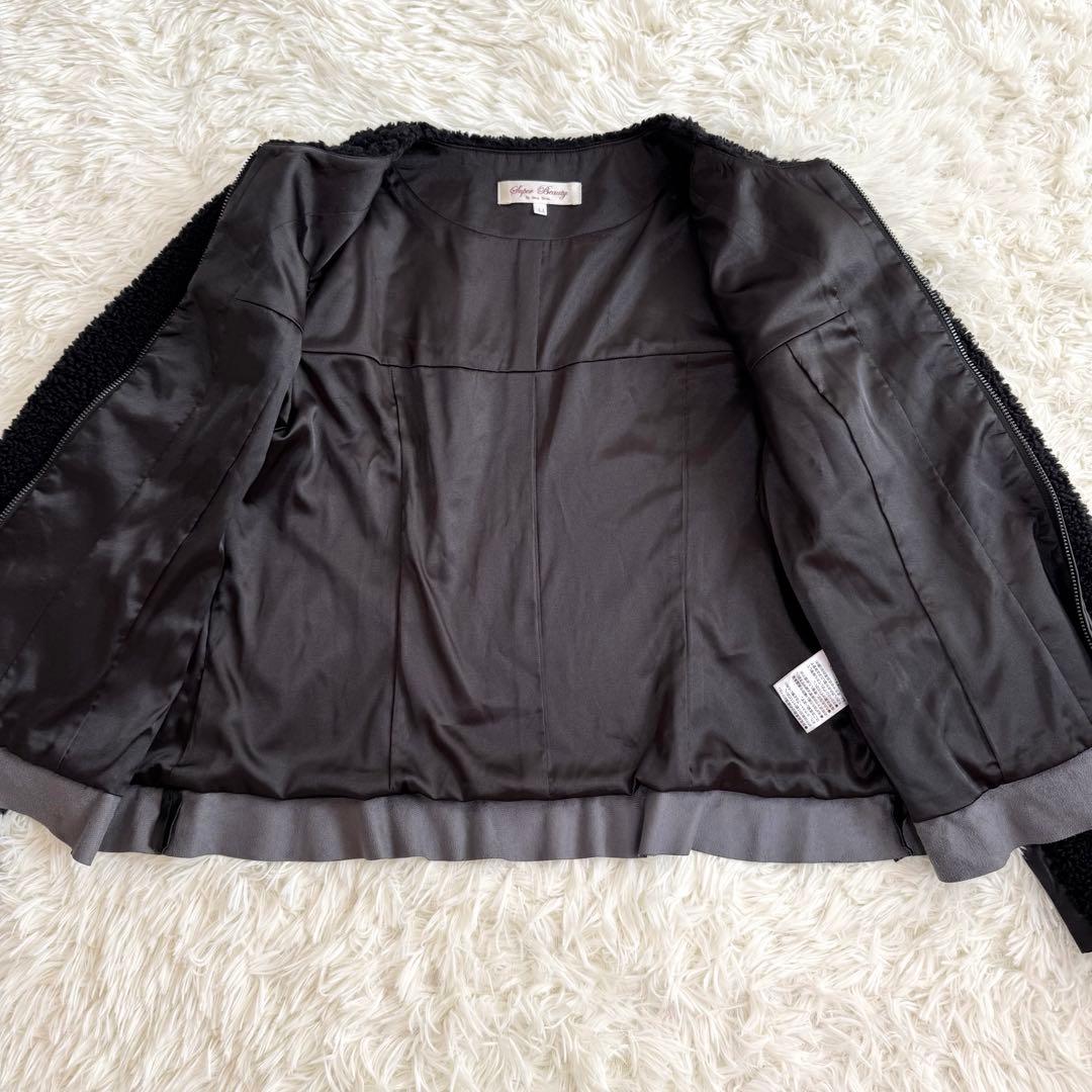 mimi様スーパービューティー ボア×フェイクレザー ビジュー ジャケット 44